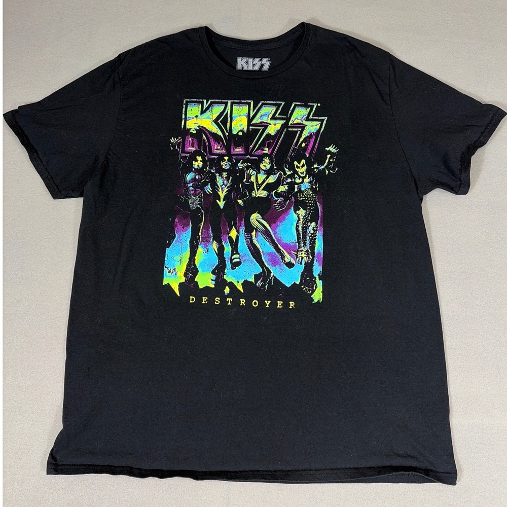 KISS Destroyer Band T-Shirt Men 2XL Black Neon Graphic Rock Music Mad Engine Tee